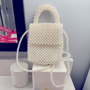 Pearl hand-beaded bag with short handle and long handle